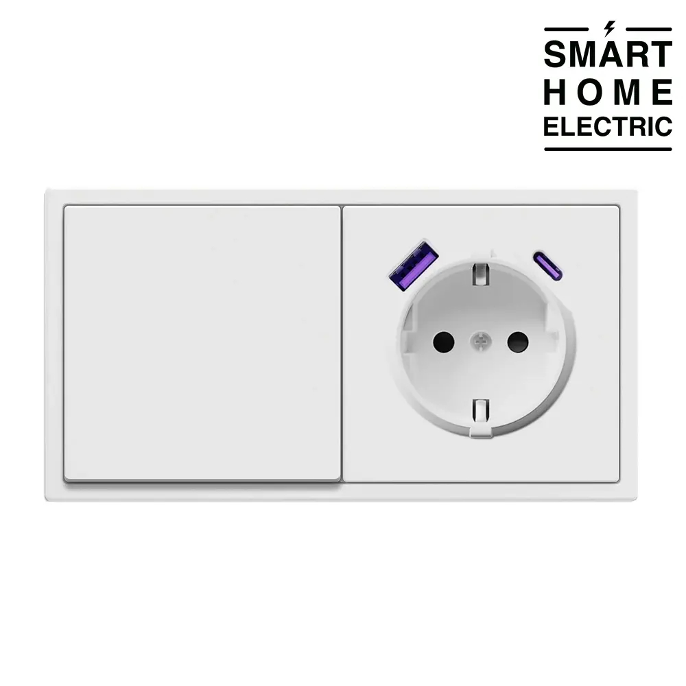 Выключатель света с розеткой с USB и Type C в тонкой рамке, 2 поста (1кл.+1роз.) белый