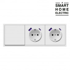 Выключатель света с розеткой с USB и Type C в тонкой рамке, 3 поста (1кл.+2роз.) белый