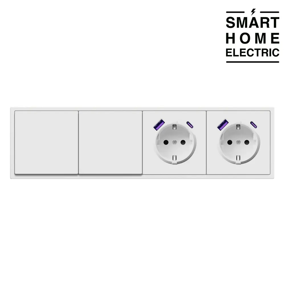 Проходной выключатель с розеткой и USB с Type C в тонкой рамке, 3 поста (1кл.+1кл.+2роз.) белый