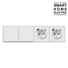 Проходной выключатель с розеткой и USB с Type C в тонкой рамке, 3 поста (1кл.+1кл.+2роз.) белый