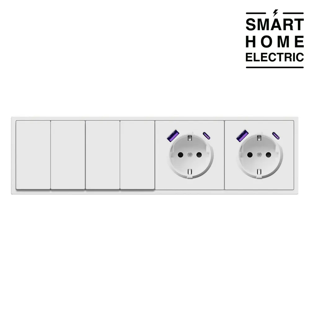 Выключатель света с розеткой и USB с Type C в тонкой рамке, 3 поста (2кл.+2кл.+2роз.) белый