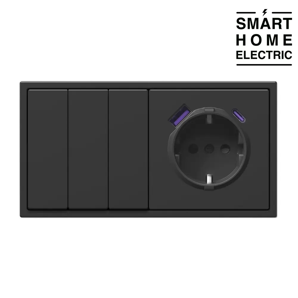 Выключатель света с розеткой с USB и Type C в тонкой рамке, 2 поста (3кл.+1роз.) черный