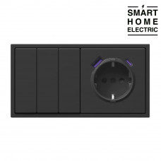 Выключатель света с розеткой с USB и Type C в тонкой рамке, 2 поста (3кл.+1роз.) черный