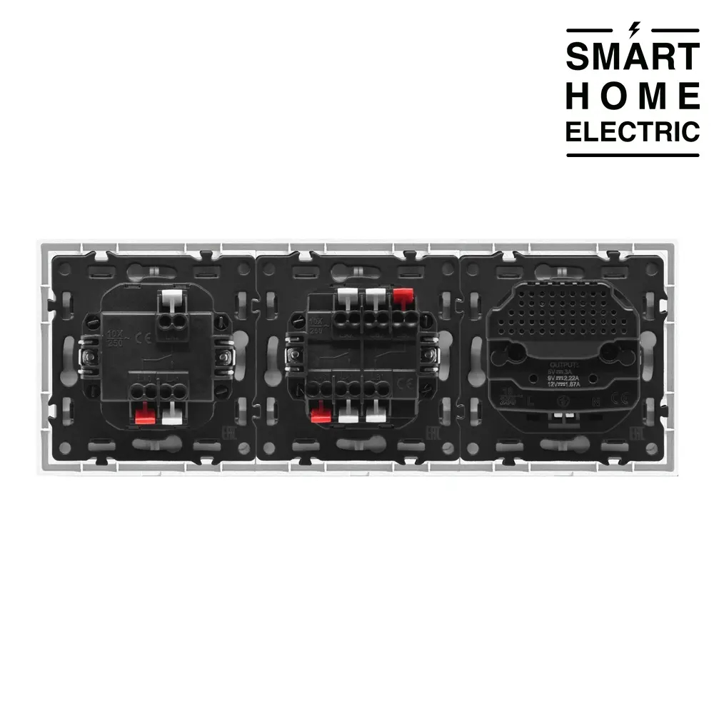 Проходной выключатель с розеткой и USB с Type C в тонкой рамке, 2 поста (1кл.+2кл.+1роз.) черный