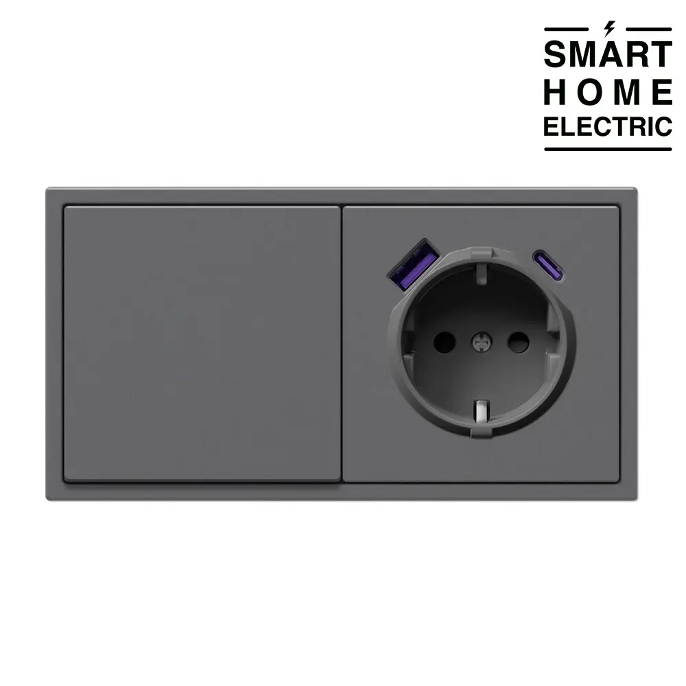 Проходной выключатель с розеткой с USB и Type C в тонкой рамке, 2 поста (1кл.+1роз.) серый