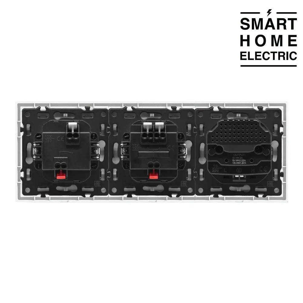 Выключатель света с розеткой и USB с Type C в тонкой рамке, 2 поста (1кл.+2кл.+1роз.) серый
