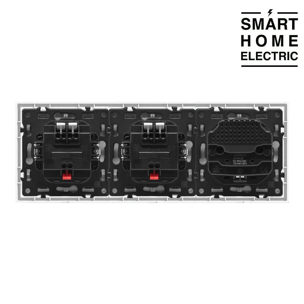 Выключатель света с розеткой и USB с Type C в тонкой рамке, 3 поста (2кл.+2кл.+1роз.) серый
