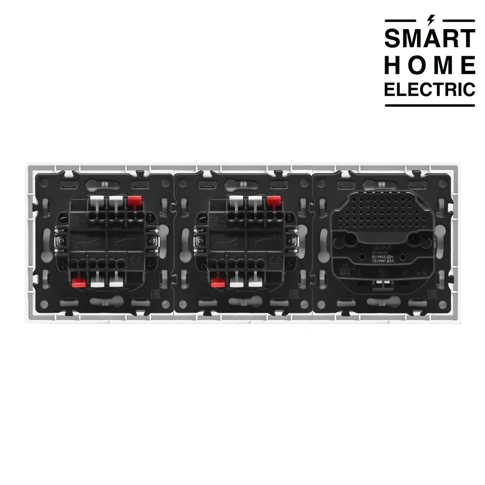 Проходной выключатель с розеткой и USB с Type C в тонкой рамке, 3 поста (2кл.+2кл.+1роз.) серый