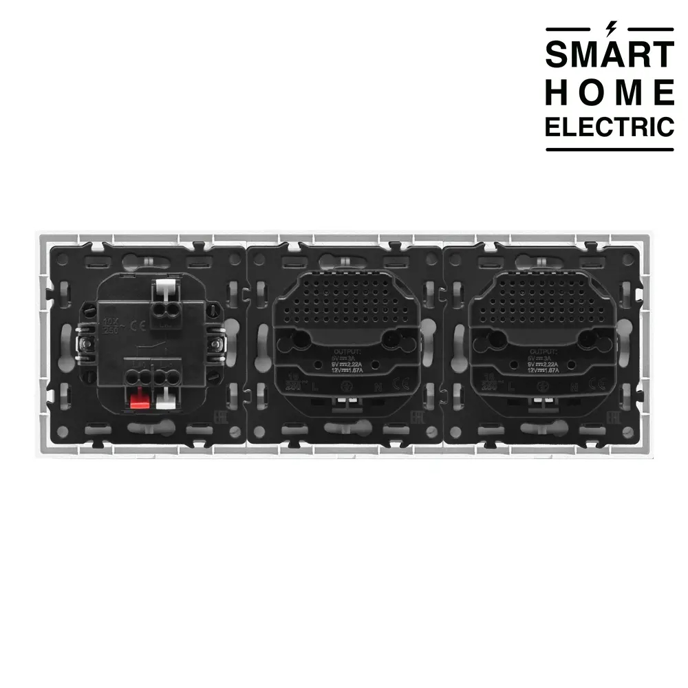 Проходной выключатель с розеткой с USB и Type C в тонкой рамке, 3 поста (1кл.+2роз.) серый