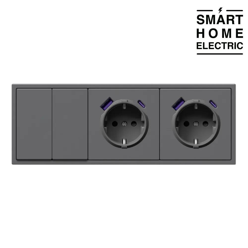 Проходной выключатель с розеткой с USB и Type C в тонкой рамке, 3 поста (2кл.+2роз.) серый