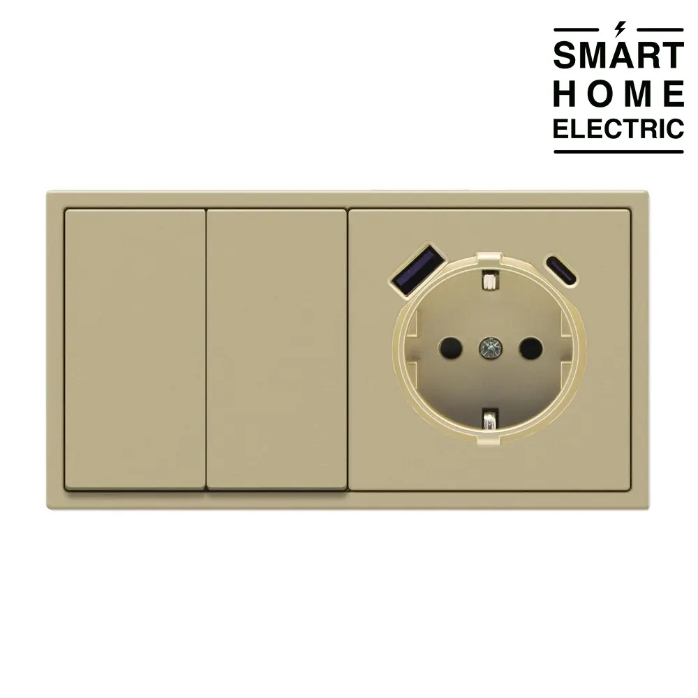 Выключатель света с розеткой с USB и Type C в тонкой рамке, 2 поста (2кл.+1роз.) золотой