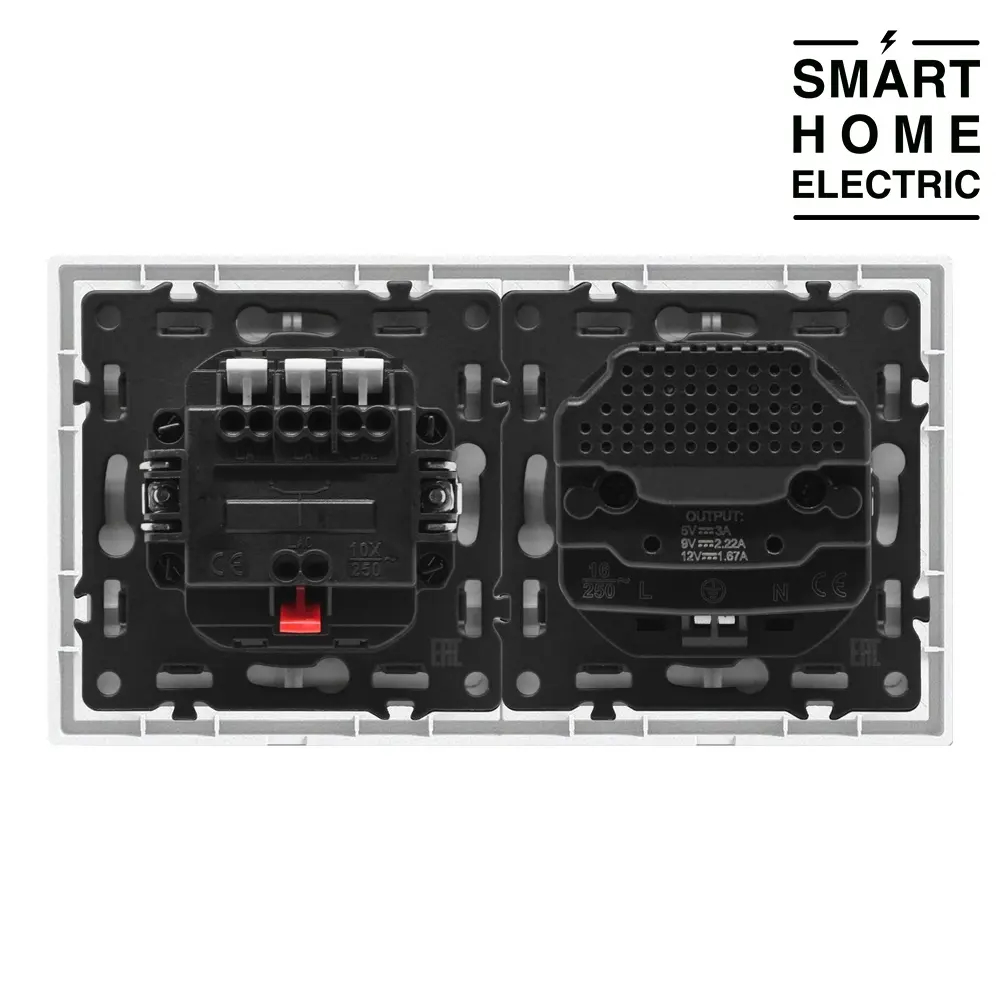Выключатель света с розеткой с USB и Type C в тонкой рамке, 2 поста (3кл.+1роз.) золотой