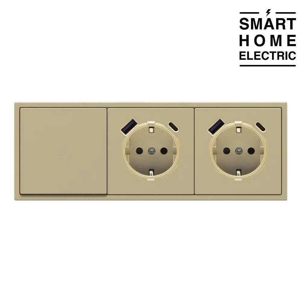Выключатель света с розеткой с USB и Type C в тонкой рамке, 3 поста (1кл.+2роз.) золотой