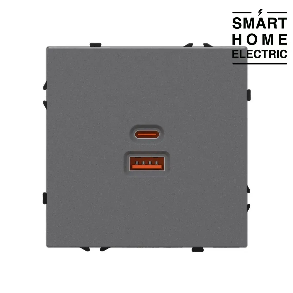 Механизм GAN розетки под тонкую рамку, USB и Type C 65 Ватт с быстрой зарядкой серый