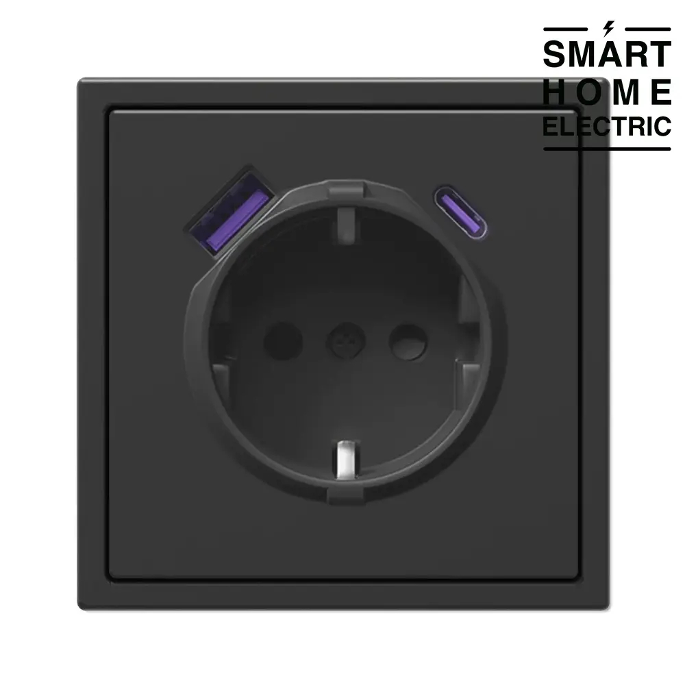 Розетка с тонкой рамкой, 1 пост (электрическая с USB и Type C зарядкой 20Вт) черная