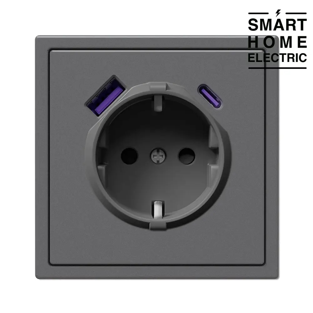Розетка с тонкой рамкой, 1 пост (электрическая с USB и Type C зарядкой 20Вт) серая