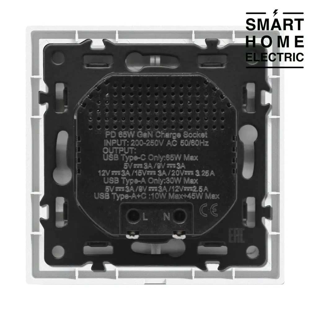 Розетка с тонкой рамкой USB и Type C 65 Ватт с быстрой зарядкой серая