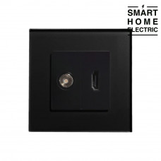 Розетка ТВ антенна и HDMI стеклянная черная